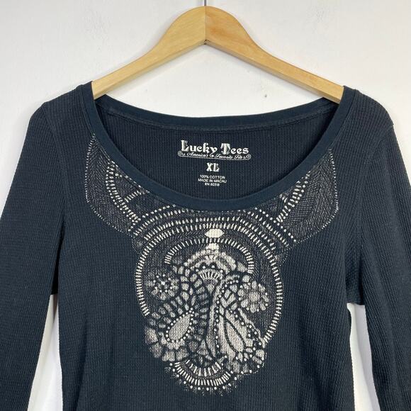 Vintage Lucky Brand Y2K Thermal Knit Paisley Western Long Sleeve Top Tee XL - Picture 2 of 8